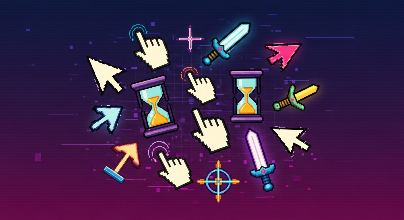 Pixel-art cursors floating on a neon retro background